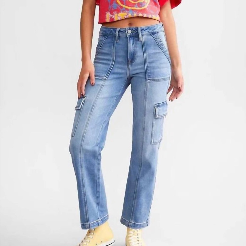 NWT Hidden Jeans Tracey High Rise Cargo Straight Leg Jeans Size 26 Light Wash
